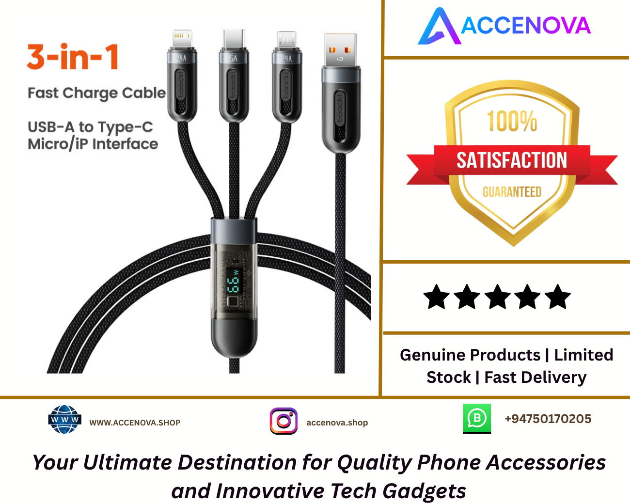 66W Fast Charging 3-in-1 Cable with LCD Display
